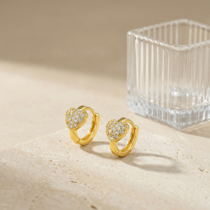 Wholesale Brass Pave Zircon Heart Huggie Earrings