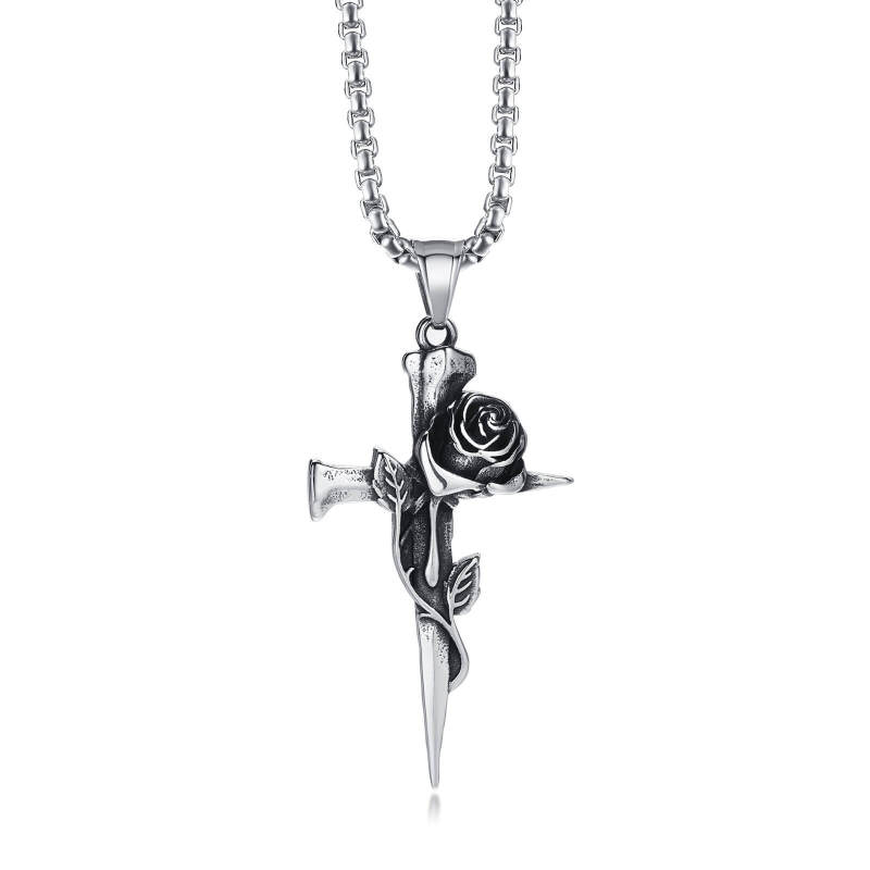 Wholesale Stainless Steel Vintage Rose Cross Pendant