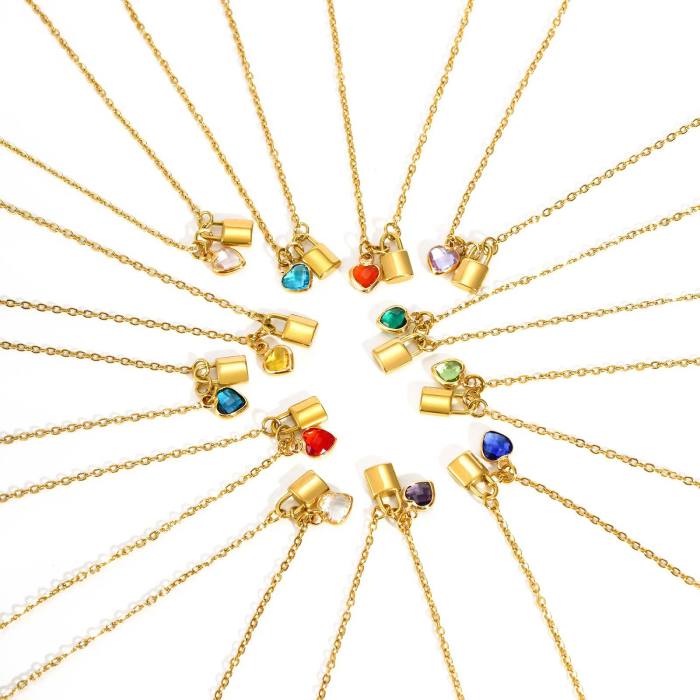 Wholesale Stainless Steel Lock Birthstone Necklace