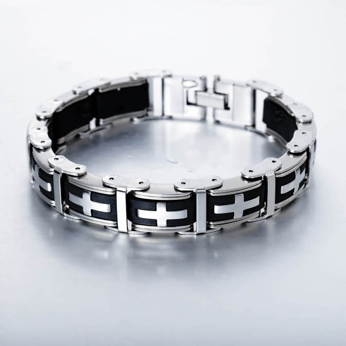 Wholesale Stainless Mens Steel & Silicone Cross Bracelet