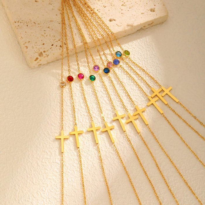 Wholesale Stainless Steel Cross Birthstone Necklace