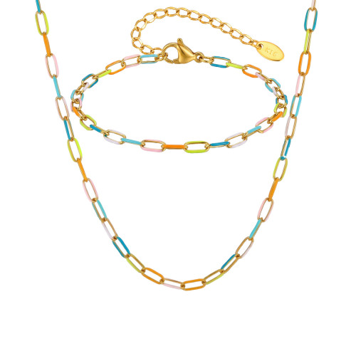 Wholesale Rainbow Enamel Paperclip Chain Jewelry Set