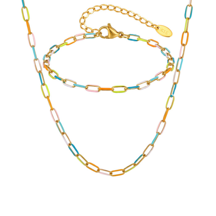 Wholesale Rainbow Enamel Paperclip Chain Jewelry Set