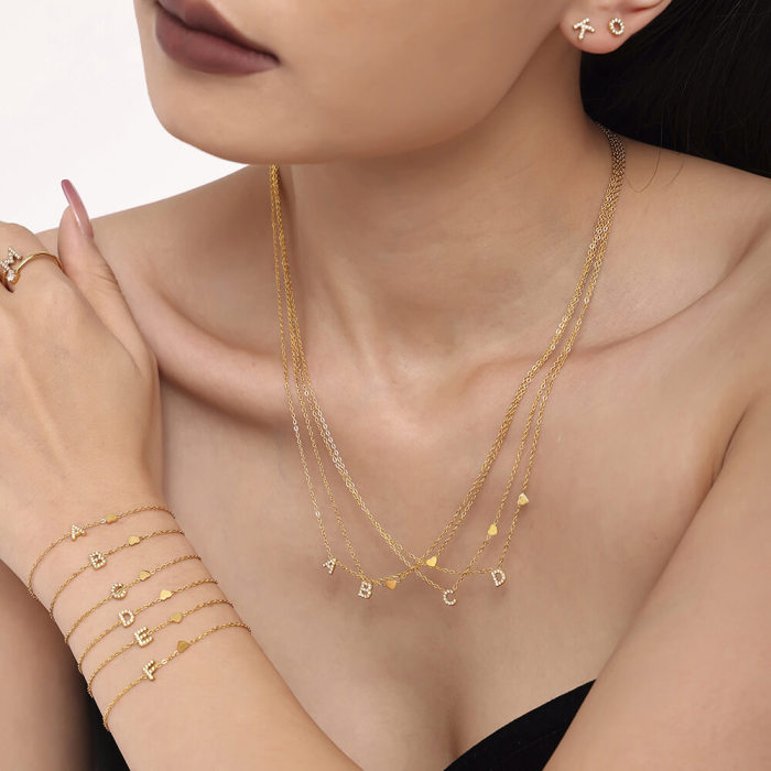 Wholesale Stainless Steel CZ Letter Bracelet Necklace Earrings Ring