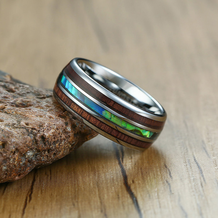 Wholesale Tungsten Carbide Hawaiian Koa Wood and Abalone Shell Ring 8mm