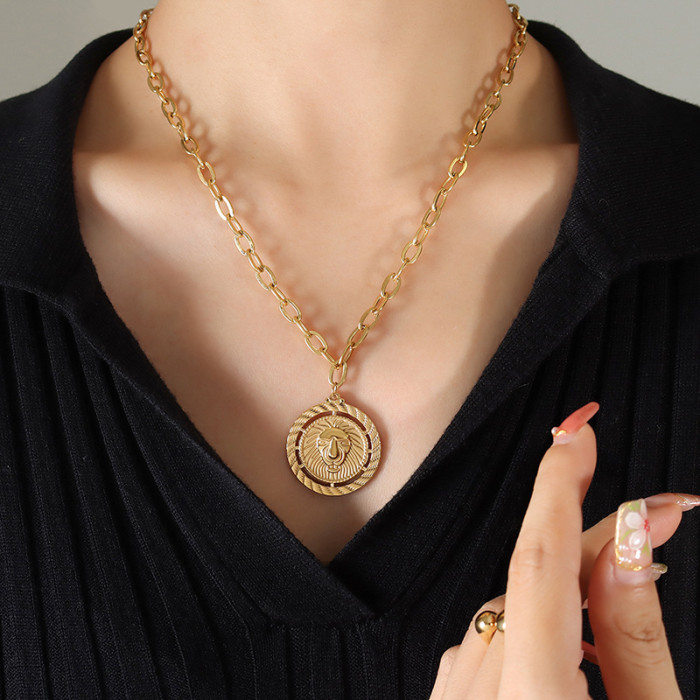 Wholesale Stainless Steel Layered Lion Coin Necklace Set