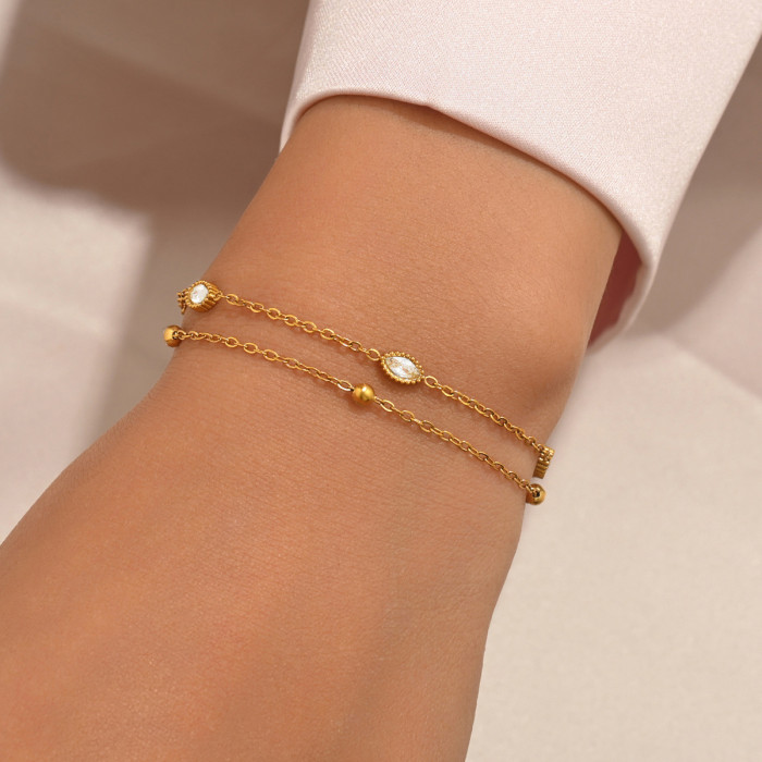 Wholesale Stainless Steel Double Layer Marquise Zircon Bracelet