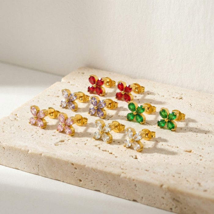 Wholesale 18K Gold Plated Colorful Zircon Flower Stud Earrings