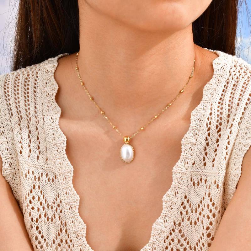 Wholesale Stainless Steel Oval Imitation Pearl Necklace