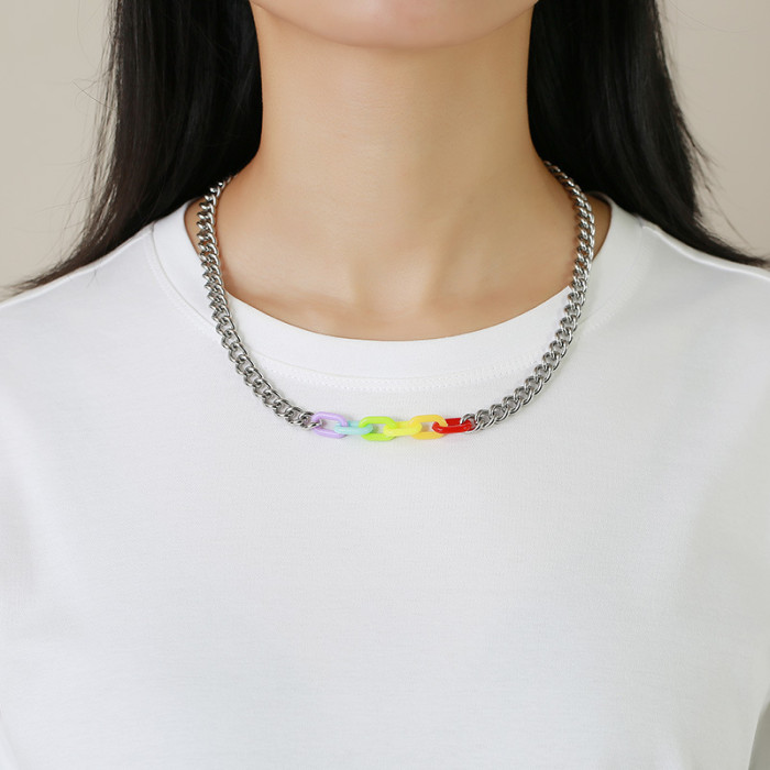 Wholesale Rainbow Link Bracelet Stainless Steel Cuban Curb Chain Bracelet