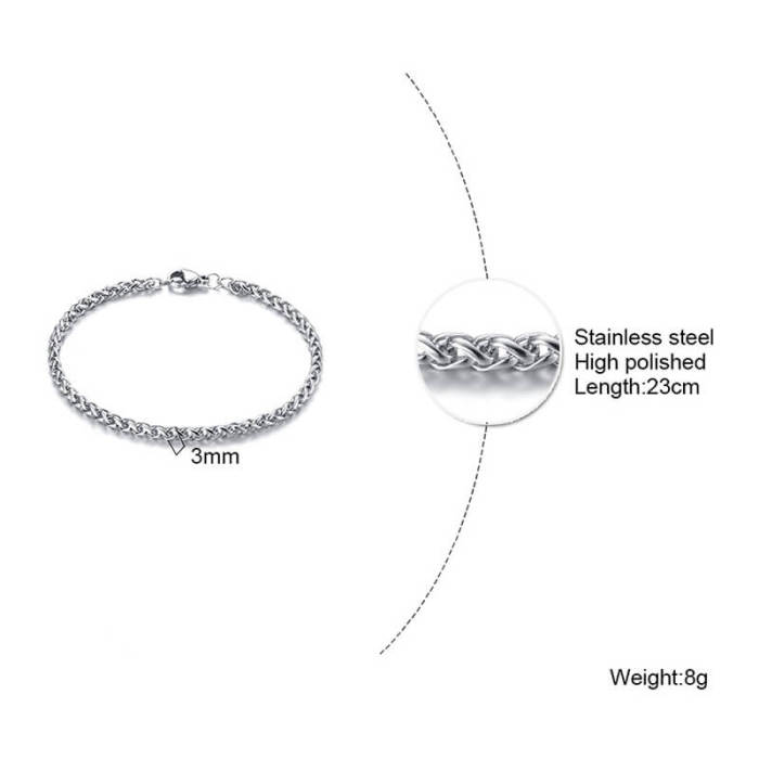 Wholesale Stainless Steel Mens Spiga Wheat Chain Bracelet