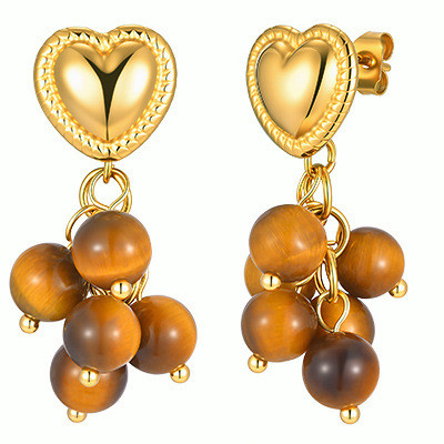 Wholesale Gold Plated Heart Tiger Eye Bead Drop Earrings