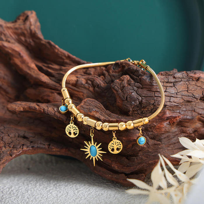 Wholesale Stainless Steel Turquoise Tree of Life Bracelet Necklace