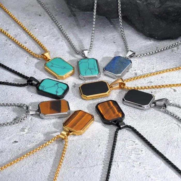 Wholesale Stainless Steel Men Octagonal Pendant with Stone