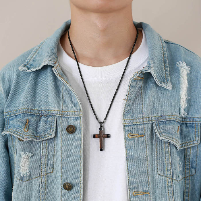 Wholesale Stainless Steel Wood Inlay Cross Pendant