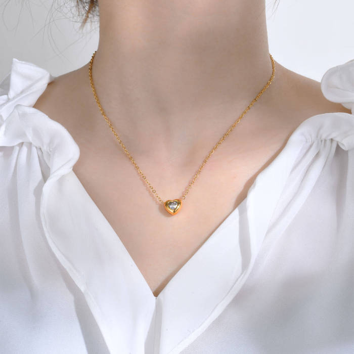 Wholesale Stainless Steel Heart shaped Necklace with Green CZ