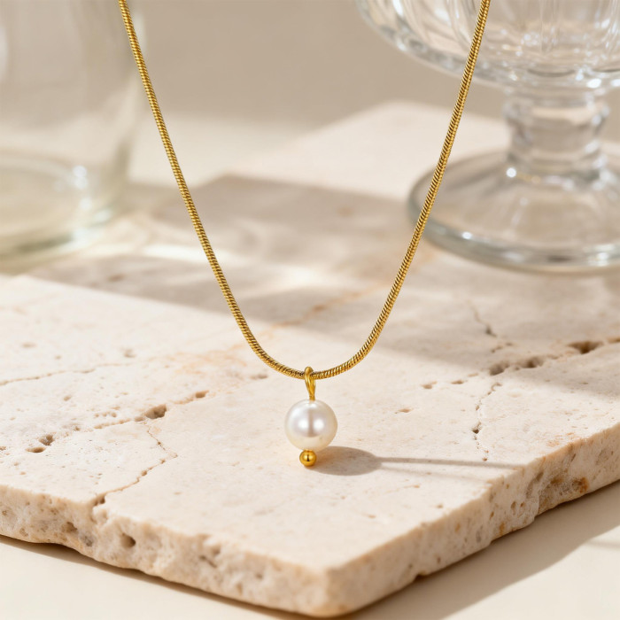 Wholesale 18K Gold Plated Stainless Steel Snake Chain Pearl Necklace