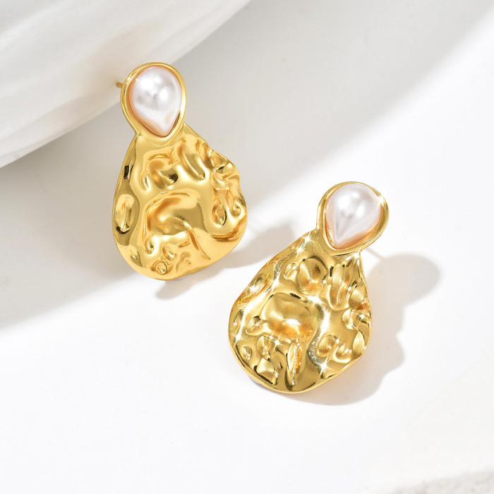 Wholesale Stainless Steel Hammered Pearl Drop Earrings