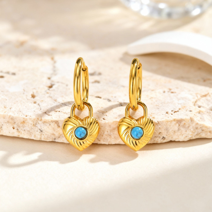 Wholesale Stainless Steel Heart Turquoise Hoop Earrings
