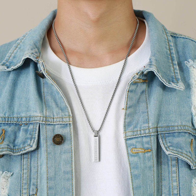 Wholesale Stainless Steel Engraved Roman Numeral Bar Necklace