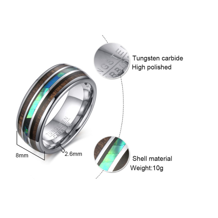 Wholesale Tungsten Carbide Hawaiian Koa Wood and Abalone Shell Ring 8mm