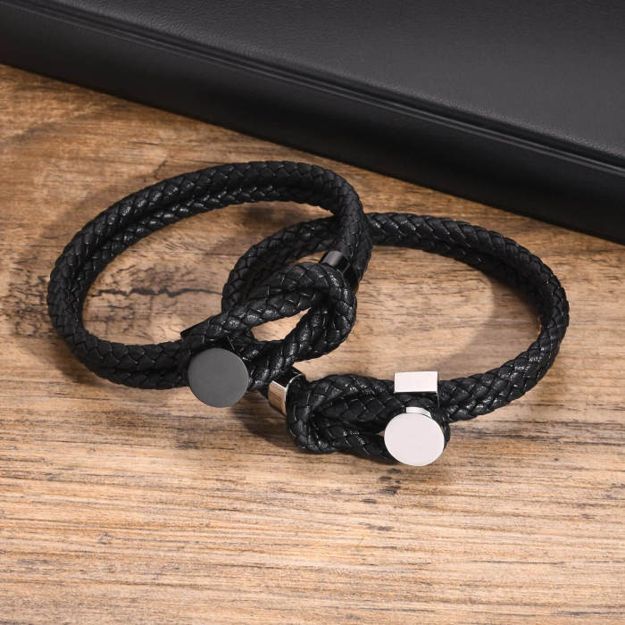 Wholesale Stainless Steel Black Knot Leather Bracelet