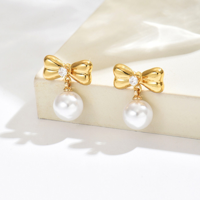 Wholesale Stainless Steel Bowknot Pearl Drop Earrings