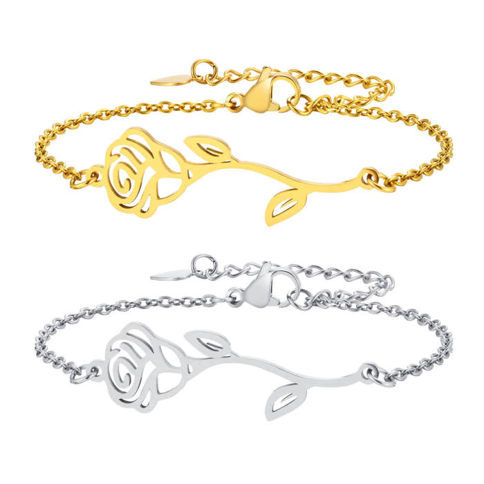 Wholesale Stainless Steel Rose Flower Link Chain Bracelet