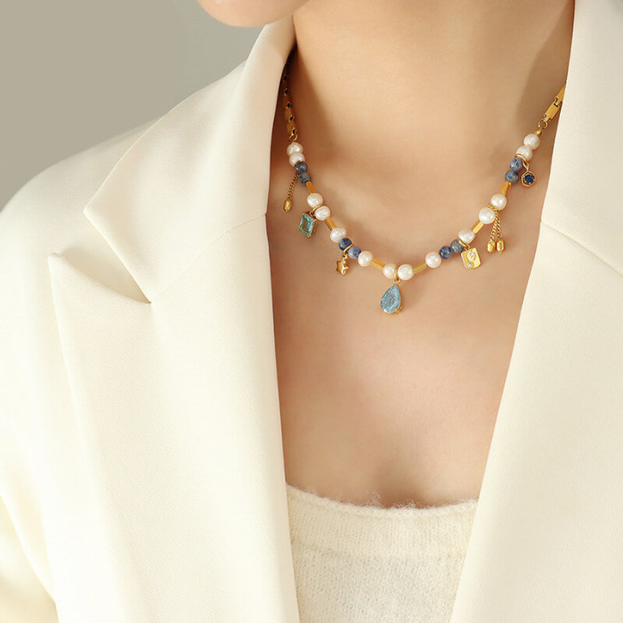 Wholesale Stainless Steel Natural Stone Pearl Crystal Pendant