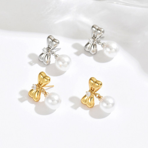 Wholesale Stainless Steel Bowknot Pearl Drop Earrings