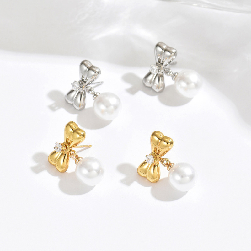 Wholesale Stainless Steel Bowknot Pearl Drop Earrings