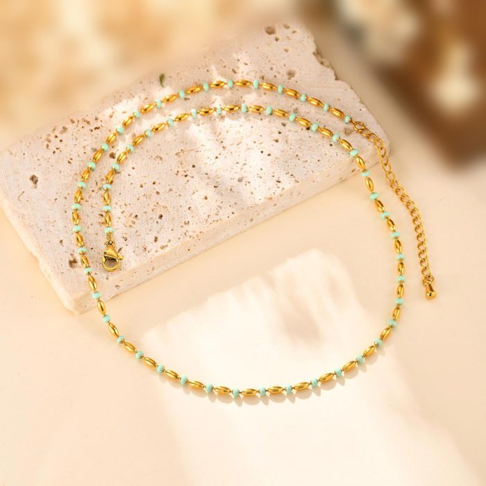 Wholesale Stainless Steel Green Bead Necklace