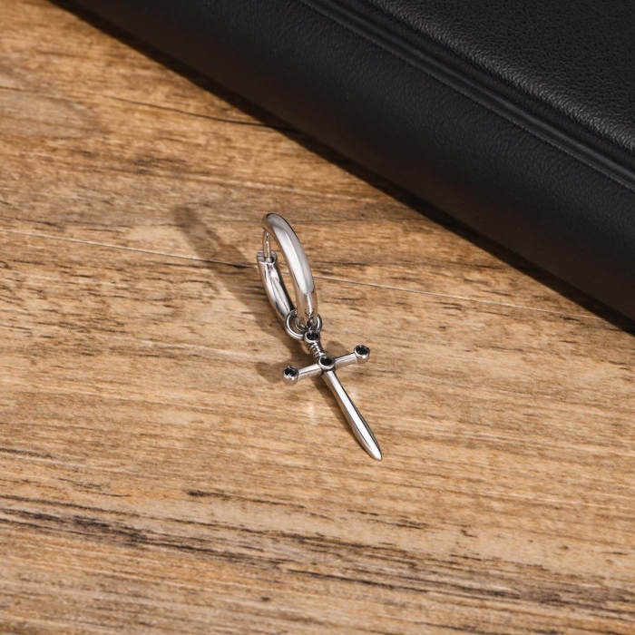 Wholesale Stainless Steel Mens Sword Cross Hoop Earring