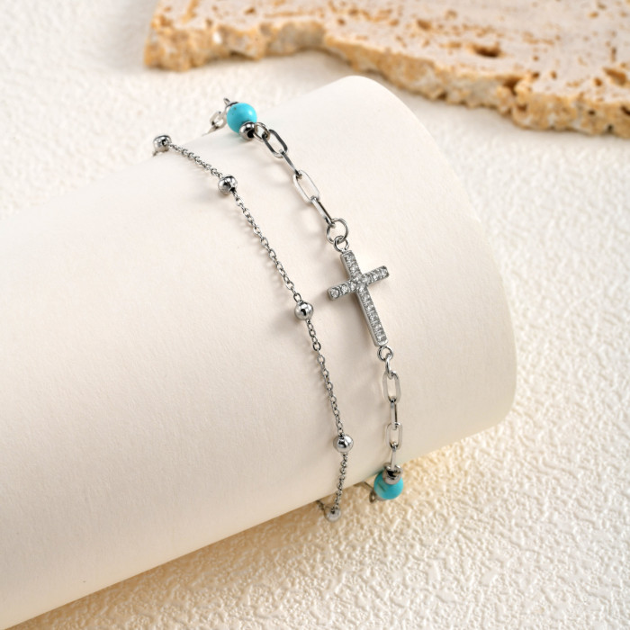 Wholesale Stainless Steel Modern Turquoise & Cross Ankle