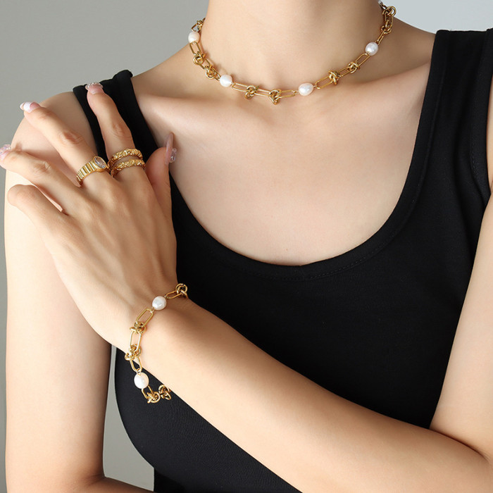 Wholesale Stainless Steel Pearl Knot Link Jewelry Set