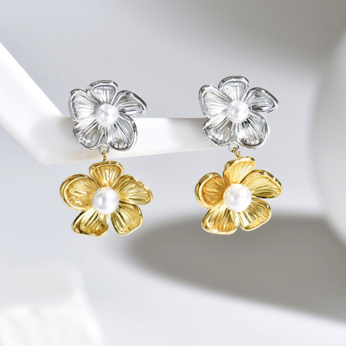 Wholesale Stainless Steel Double Flower Stud Earrings