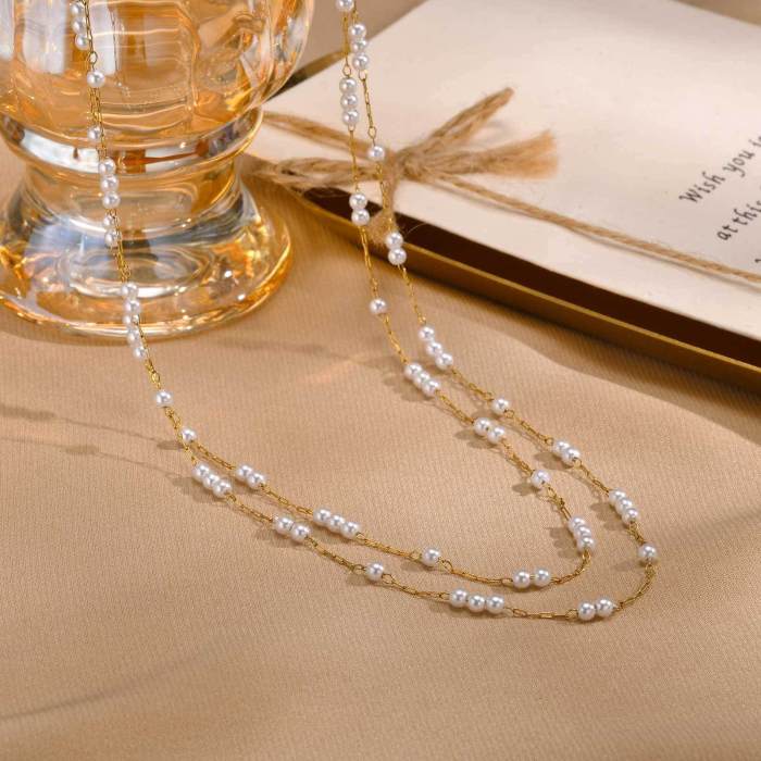 Wholesale Satinless Steel Layered Pearl Chain Necklace