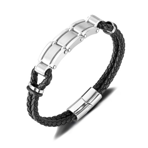 Wholesale Stainless Steel Double Braided Leather Bracelet
