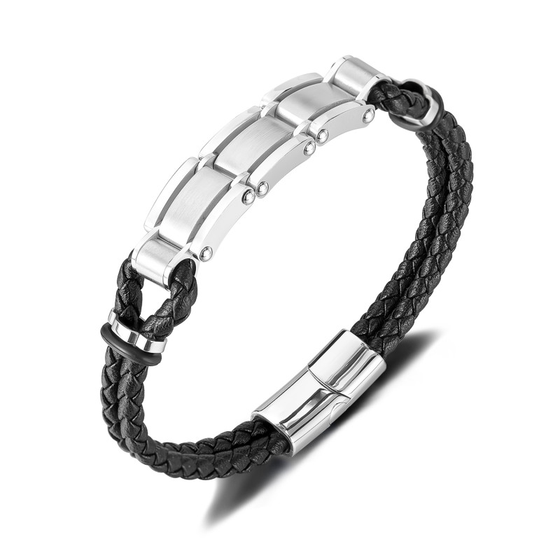 Wholesale Stainless Steel Double Braided Leather Bracelet