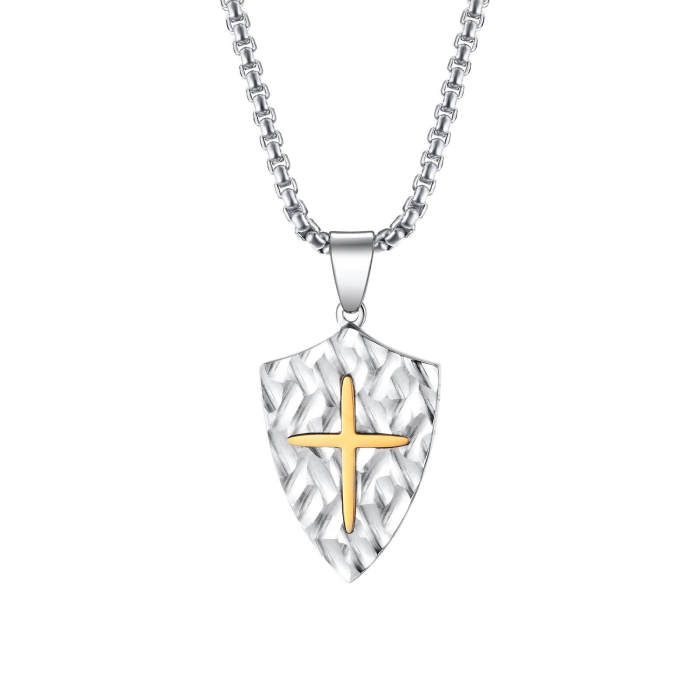Wholesale Stainless Steel Two-tone Cross Shield Pendant