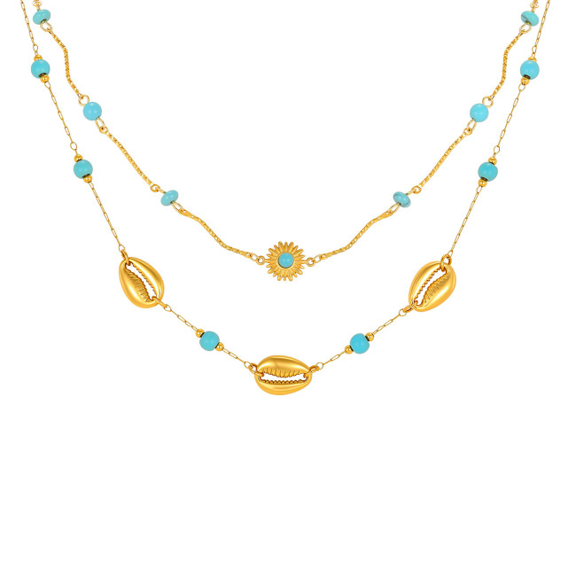 Wholesale Stainless Steel Layered Turquoise & Cowrie Shell Necklace