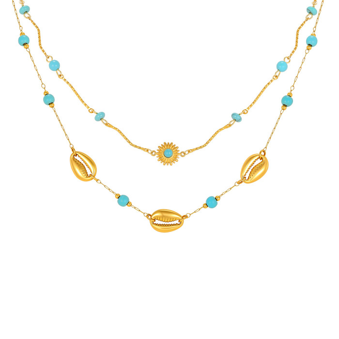Wholesale Stainless Steel Layered Turquoise & Cowrie Shell Necklace