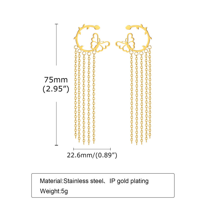 Wholesale Stainless Steel Fashion Butterfly Tassel Earrings