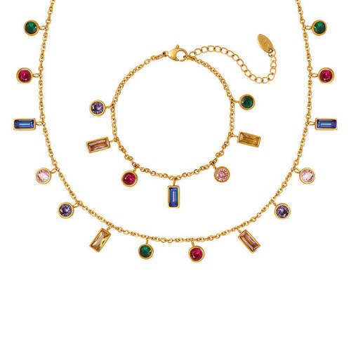 Wholesale Stainless Steel Multi-color Zircon Combo Bracelet & Necklace
