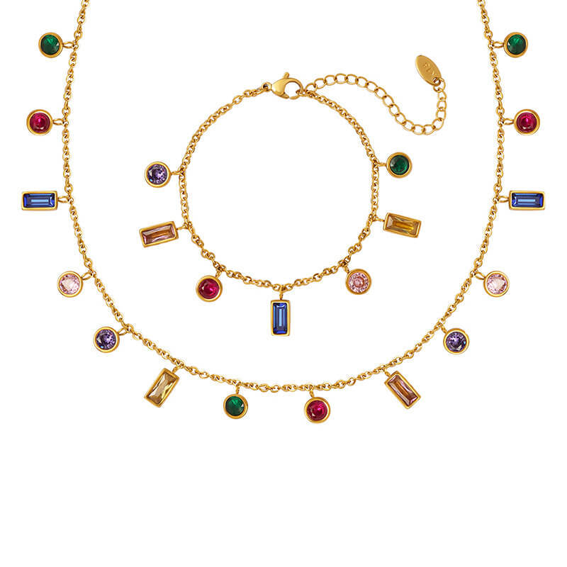 Wholesale Stainless Steel Multi-color Zircon Combo Bracelet & Necklace