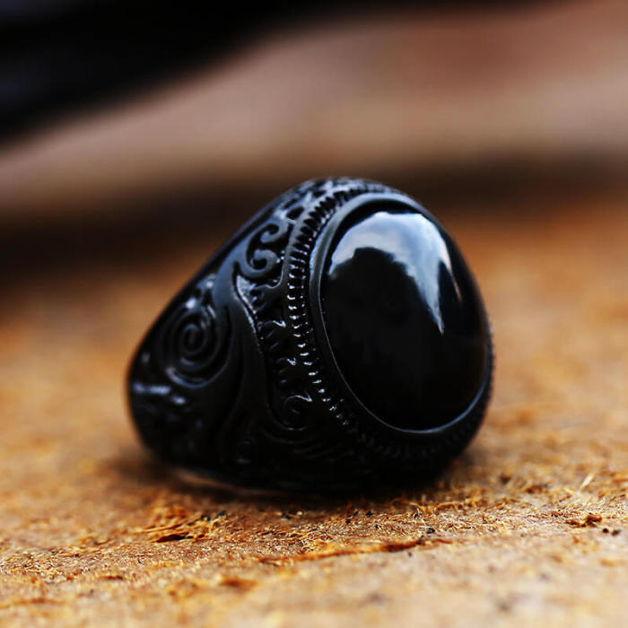 Wholesale Stainless Steel Vintage Black Stone Punk Ring