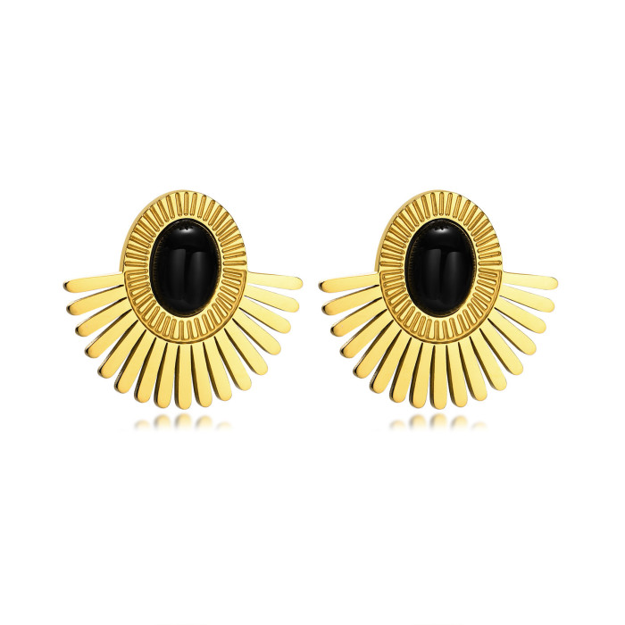 Wholesale Stainless Steel Onyx Fan Earrings