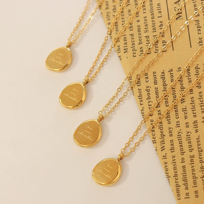 Wholesale Stainless Steel Irregular Oval Pendant Necklace Engraved “You are adorable”