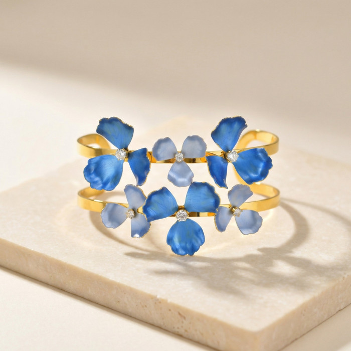 Wholesale Stainless Steel Blue Enamel Flower Open Bangle