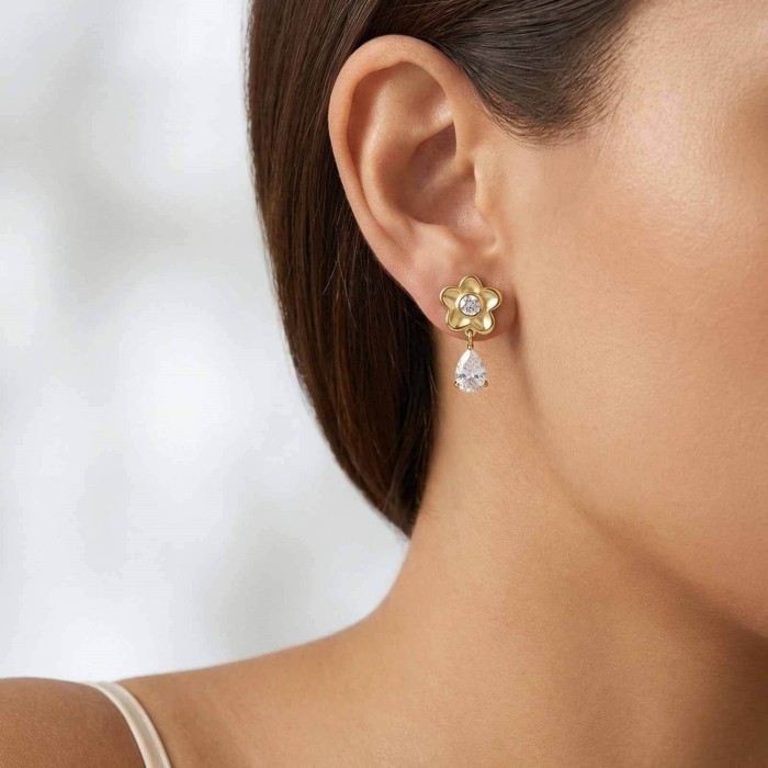 Wholesale Stainless Steel CZ Flower Drop Earrings